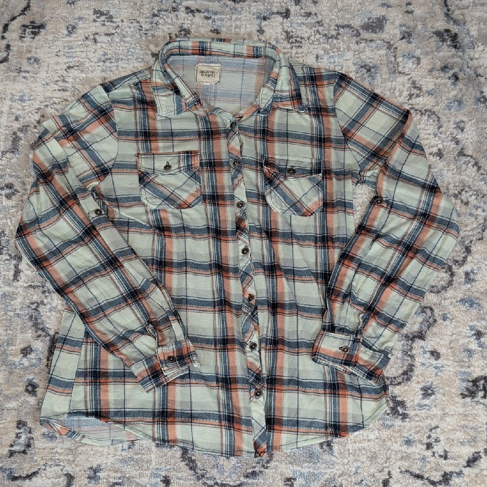 Modish Rebel Plaid Button Up Shirt Green Brown Long Sleeve Men’s Size L